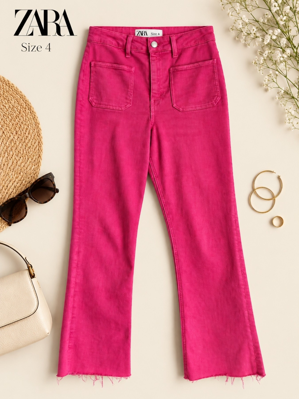 🩷EUC ZARA Pink High Rise Straight Leg Raw Hem Jeans, Size 4
